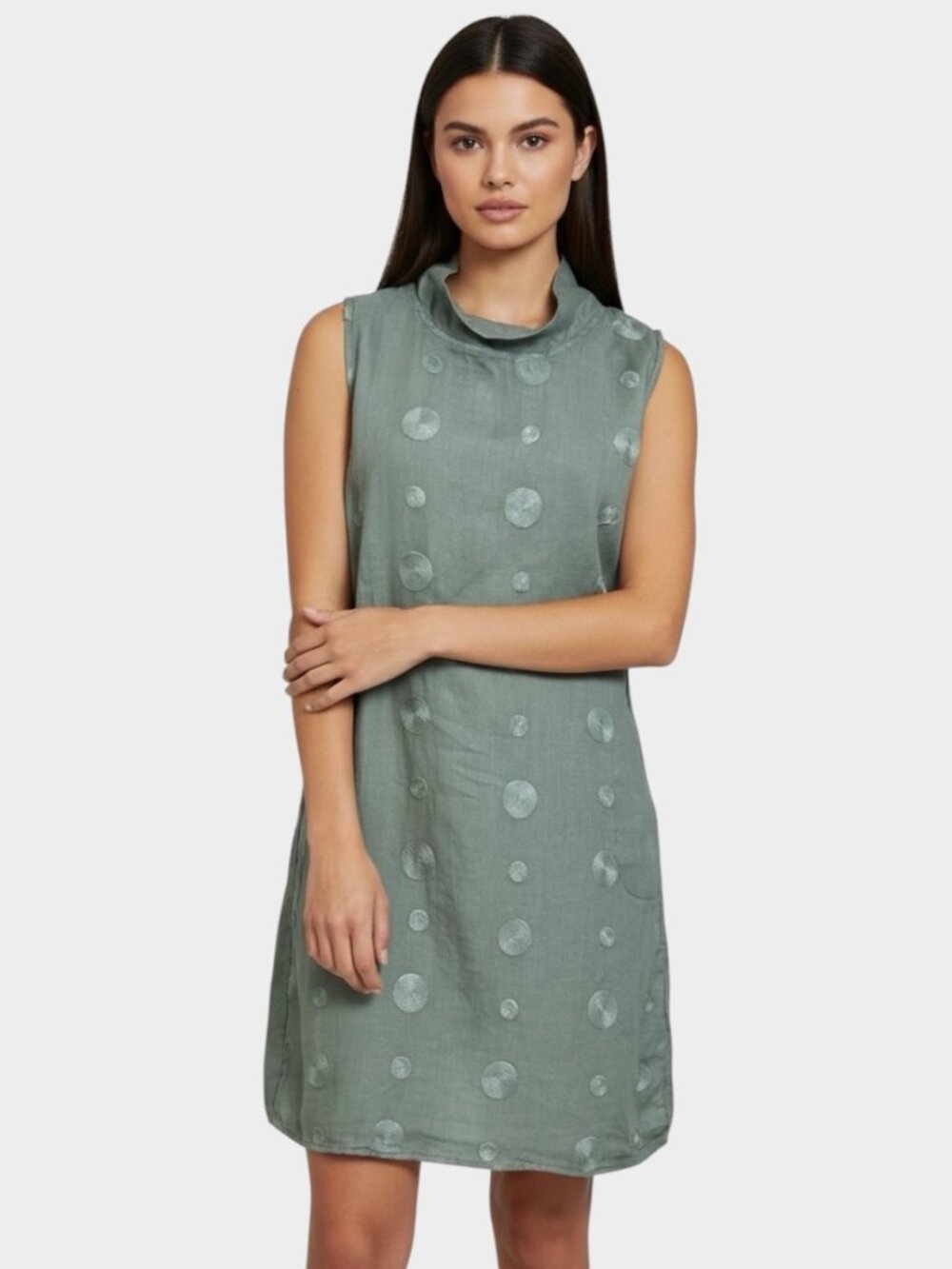 Lina Tomei Sage Green Linen Shift Dress Sz M Embroidered Dot Mock Neck Coastal